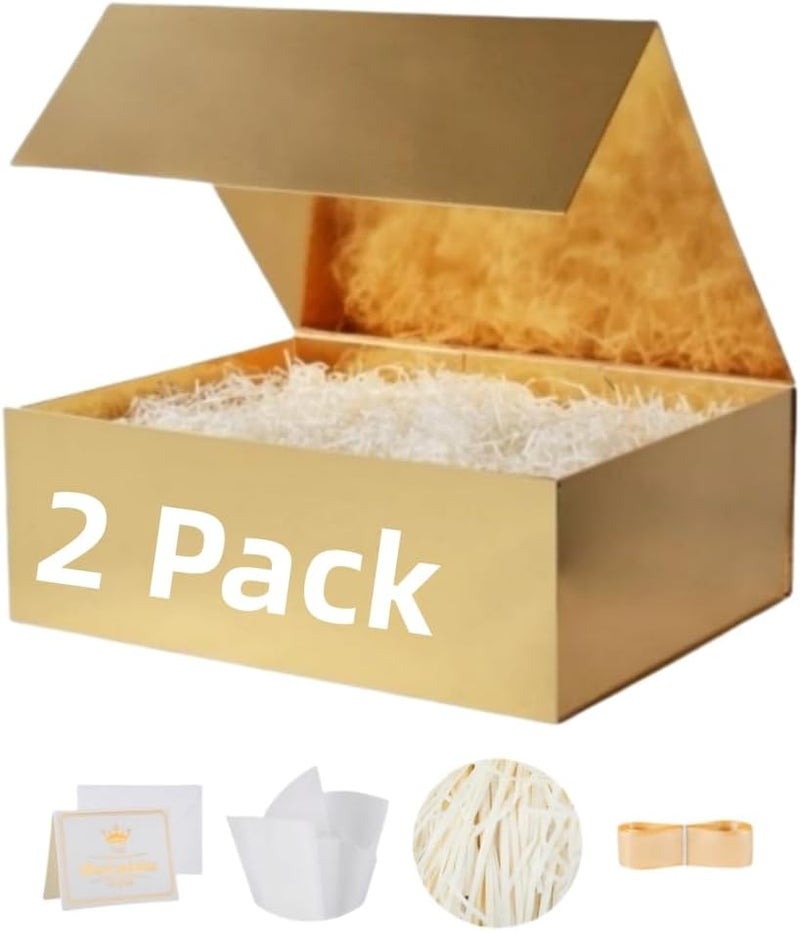 UoeRing 2 Pack Gold Gift Box Large 13.5x11.8x4.7 inch Luxury Gift Box for Presents with Magnetic Closure Lid Collapsible,Birthday,Contains Card, Ribbon, Tissue Paper,Shredded Paper Filler - Image 1